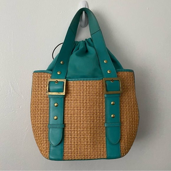 Kate Landry straw and teal leather tote bag - Picture 4 of 9